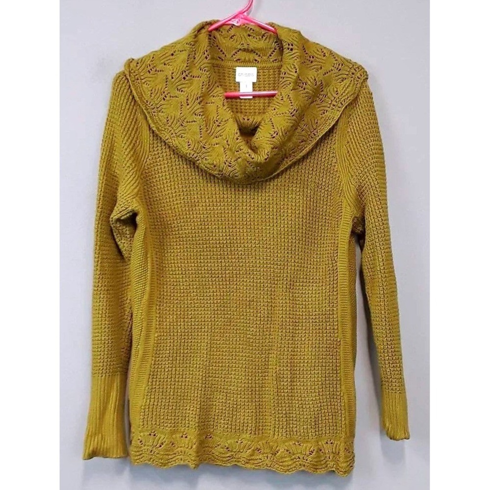 Chicos Cowl Neck BOHO Sweater Womens Medium Gold Crochet Knit Pullover